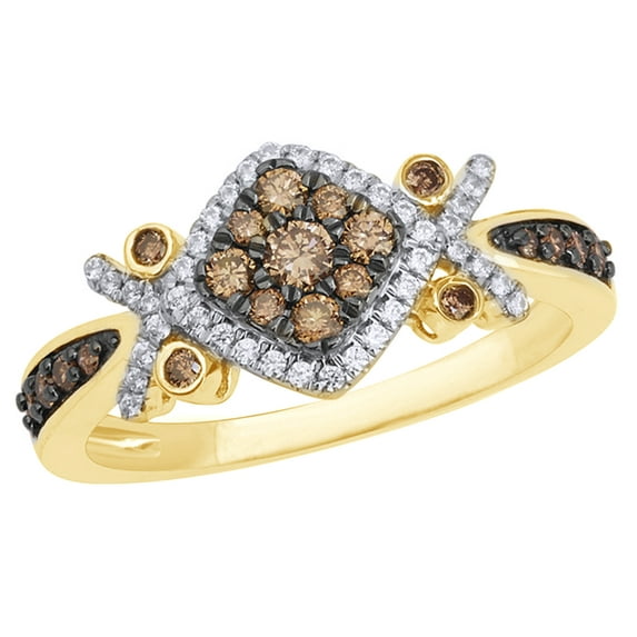 AFFY Champagne & White Natural Diamond Tilted Square Frame Ring in 10k Yellow Gold