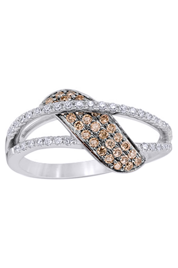 Champagne & White Natural Diamond Wave Split Shank Ring in 10K White Gold (0.37 cttw)