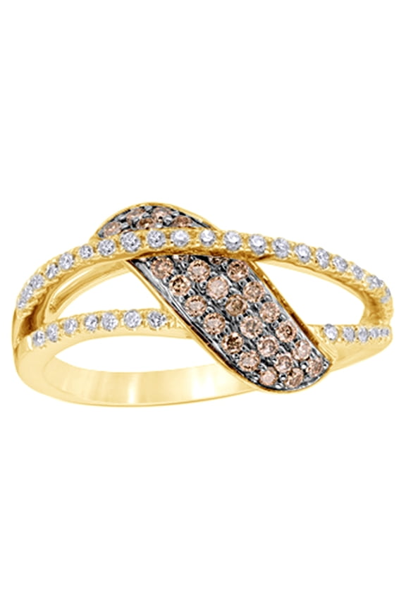 Champagne & White Natural Diamond Wave Split Shank Ring in 10K Yellow Gold (0.37 cttw)