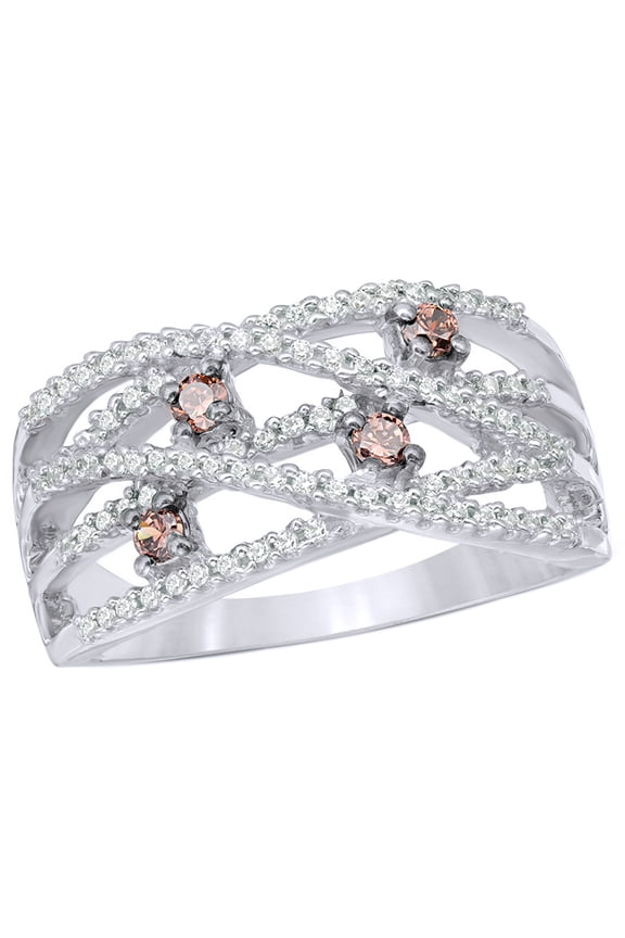 Champagne & White Natural Diamond Orbit Engagement Ring in 10k White Gold By