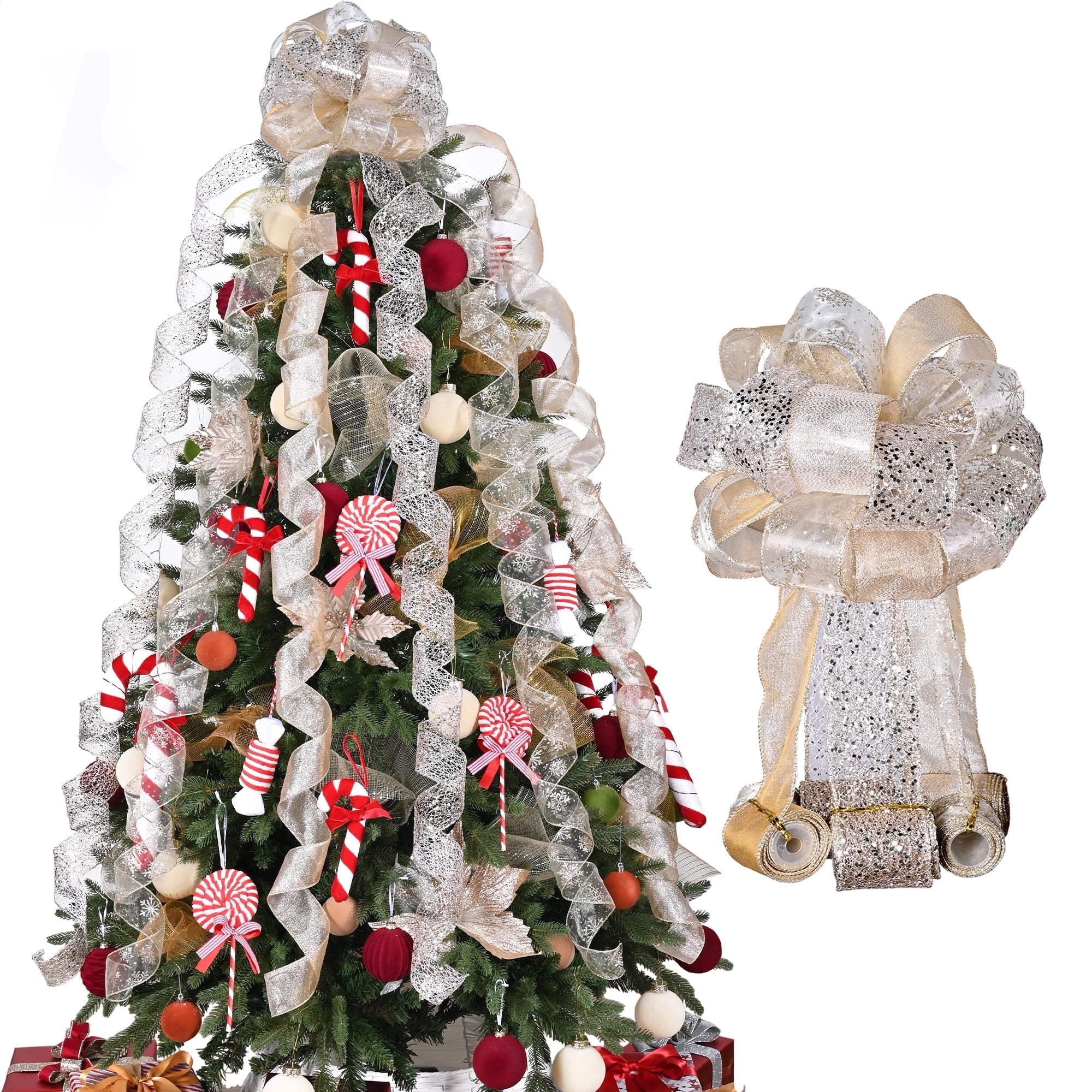 LoomJoyz Christmas Tree Topper Bow Champagne Gold Glitter 11 Inch, 6 Streamer Tails, 3 Yards Long For Party Home Holiday Decoration
