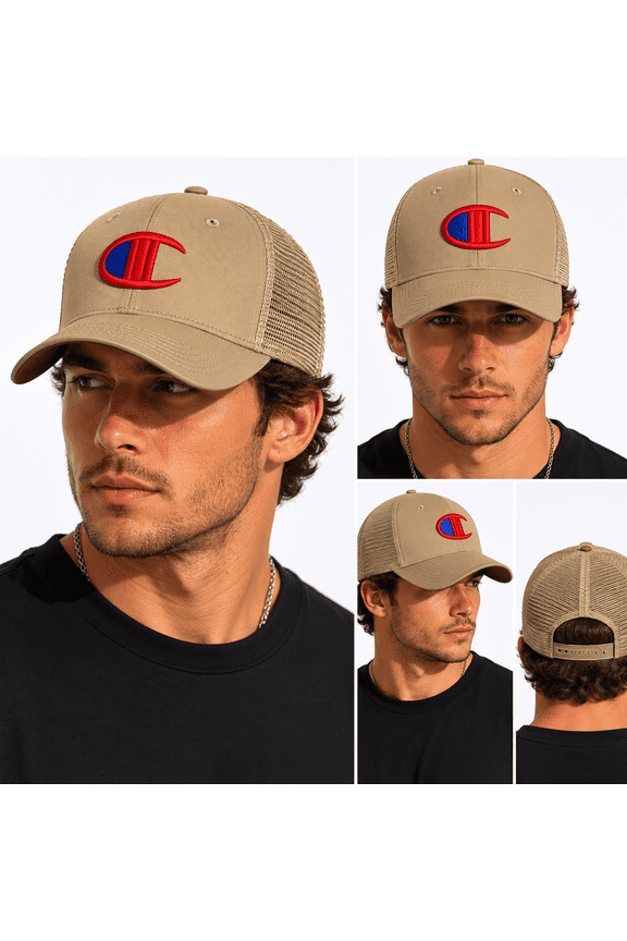 Adjustable Trucker Hat Beige Mesh Back Embroidered Logo Cap