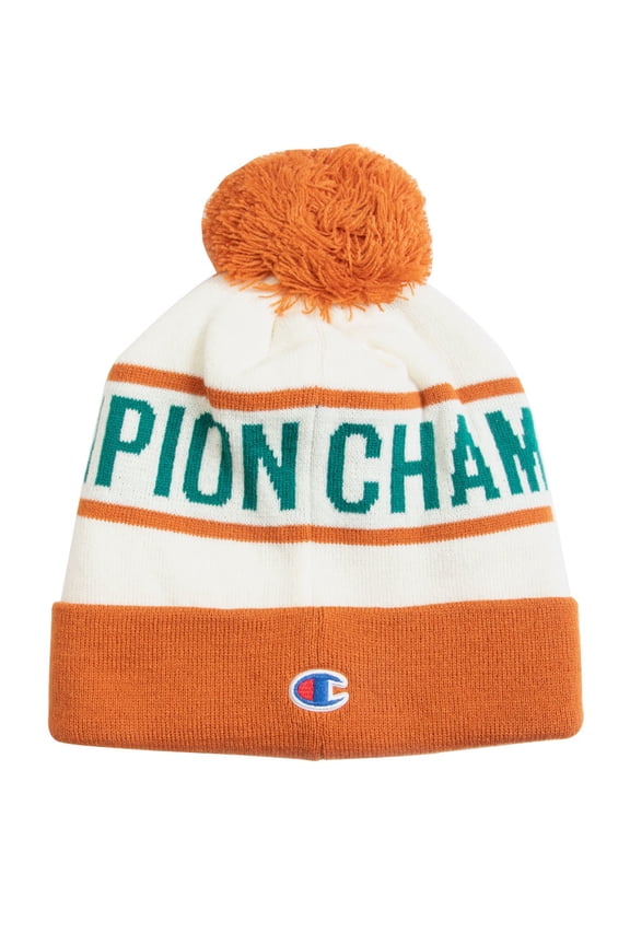 Adult Block Pom Pom Beanie (Orange/White, One Size, OS)
