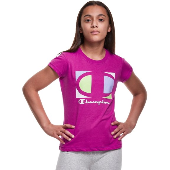 Champion Big Girls' Classic Graphic Tee, Colorblock Logo (Raspberry Shock, Small, S)