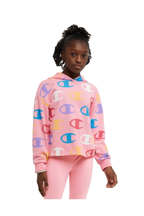 Big Girls' Long-Sleeve Classic Rainbow Script with Allover C Print French Terry Hoodie (Pink, Small, S, 7/8)