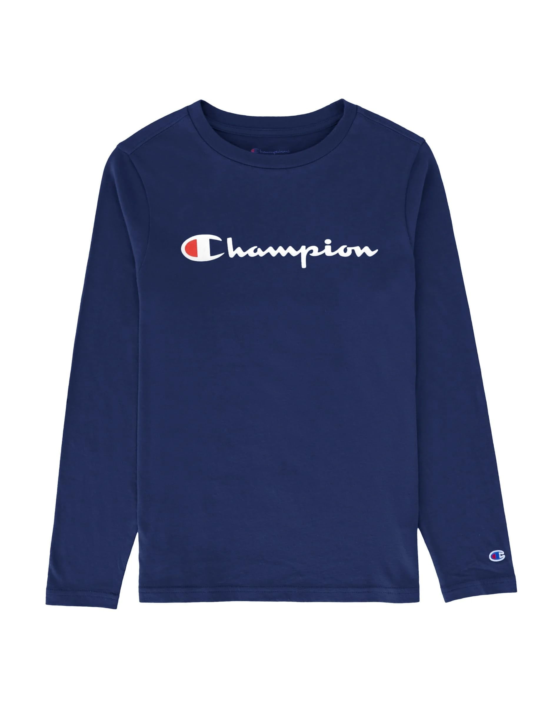 Champion Big Kids' Long-Sleeve Script Logo T-Shirt (Athletic Navy