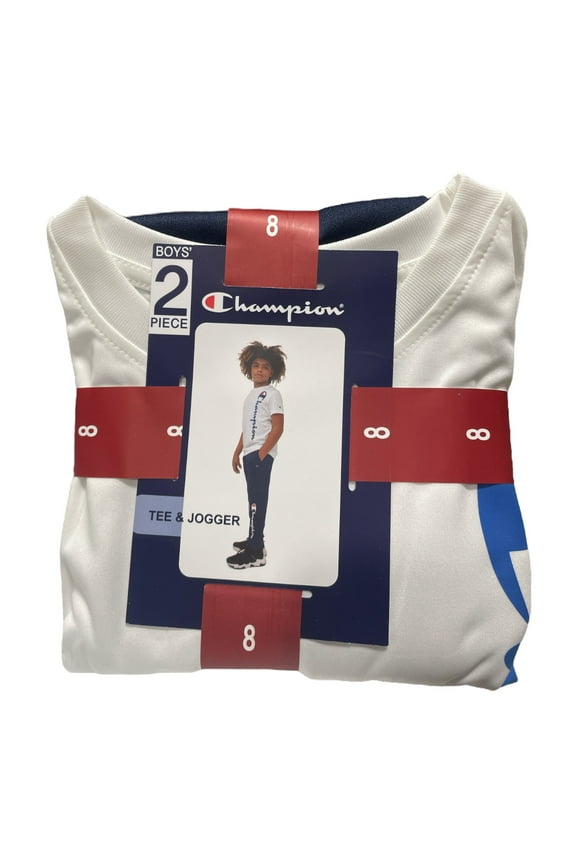 Boy's Lightweight 2 Piece Tee & Jogger Active Set (White/Navy, 4/5)