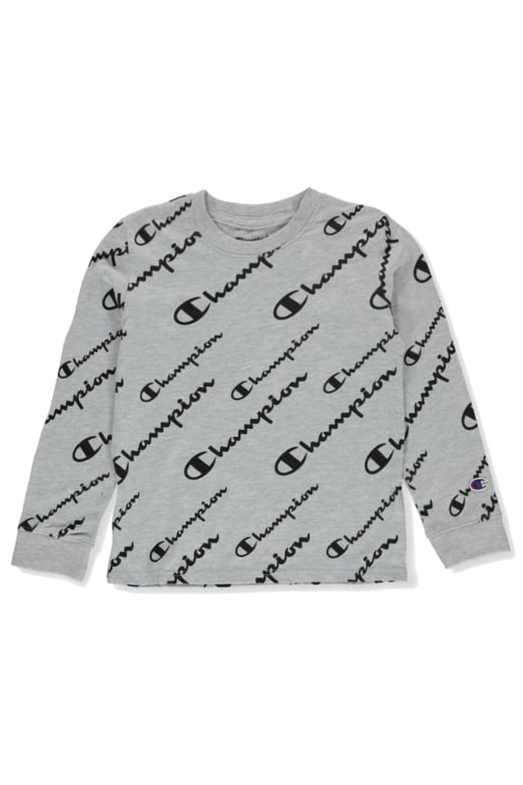 Boy's Long-Sleeve Allover Print Script Logo T-Shirt (Grey, Medium, M, 10-12)
