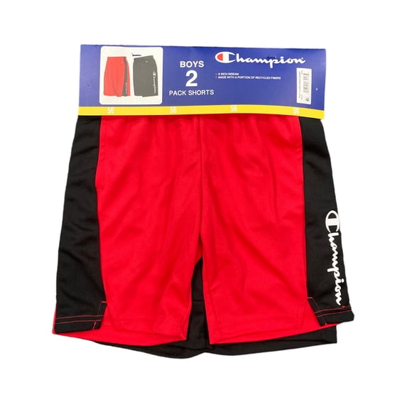 Champion Boy's Moisture Wicking Quick Dry Active Shorts, 2 Pack (Red-Black/Black, 7/8)