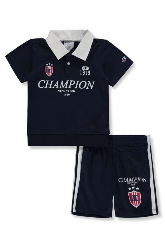 Boys' 2-Piece Collared Polo Shirt Shorts Set Outfit Color: dark navy Size: 7