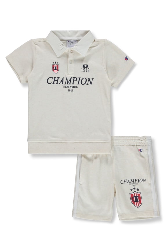 Boys' 2-Piece Collared Polo Shirt Shorts Set Outfit Color: oatmeal heather Size: 2t