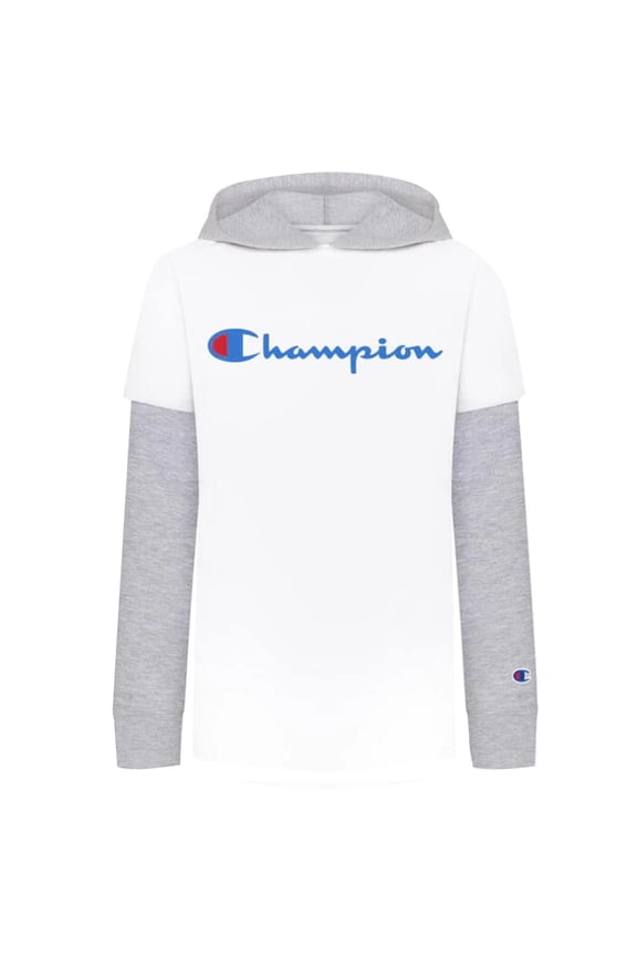 Boys Long-Sleeve Classic Script Hooded T-Shirt/Tee (White/Grey, X-Large, XL, 18-20)