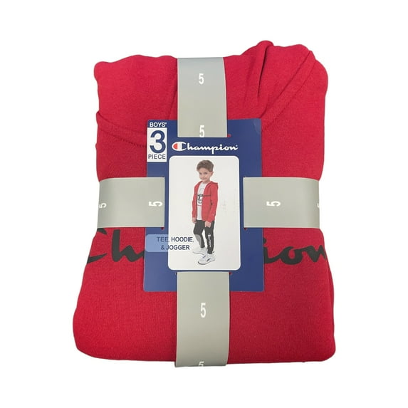 Champion Boys' Short Sleeve Tee, Zip Hoodie & Jogger Set, 3 Piece Set (Ripe Red/Black/White, 4T)