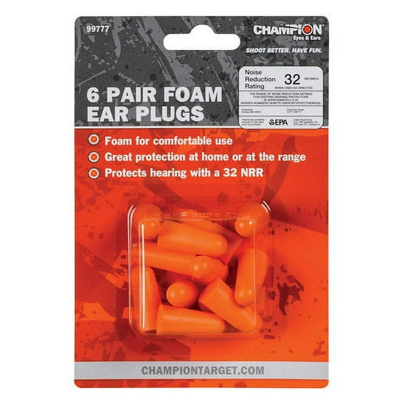 Champion Foam Hearing Protection Earplugs, Orange, 6 Pairs