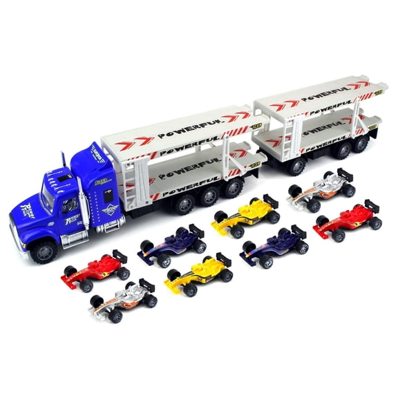 Champion Formula Trailer Children's Friction Toy Transporter Truck Ready To Run 1:32 Scale w/ 8 Toy Cars (Colors May Vary)