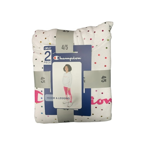 Champion Girl's 2 Piece Heavyweight Hoodie & Legging Active Set (White/Wow Pink, 4/5)