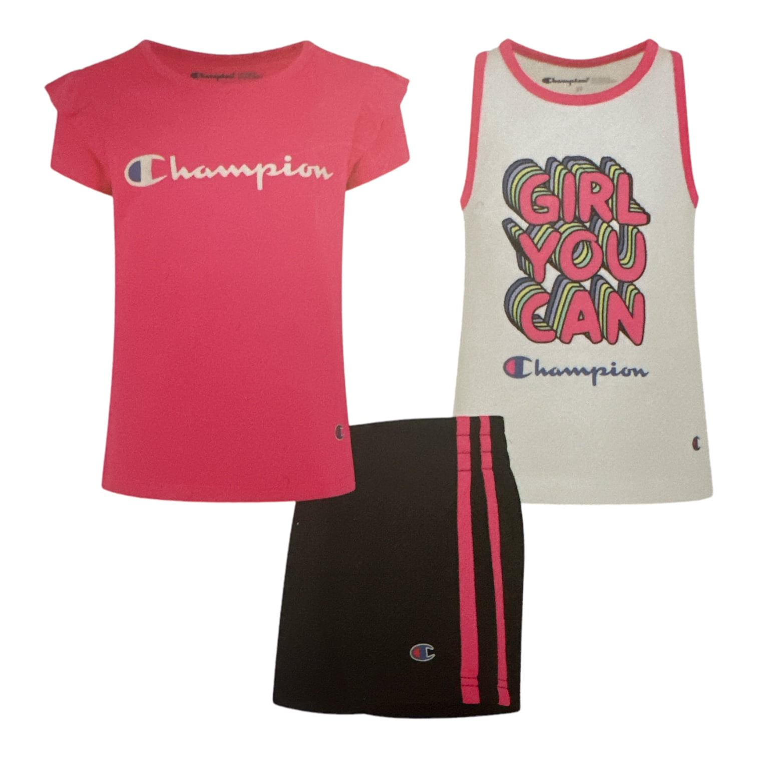 Champion Girl s 3 Piece Polyester Tee Cotton Tank Short Set Knockout Pink White Black 4T
