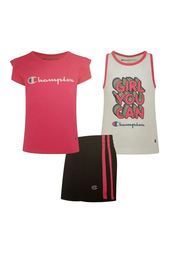 Girl's 3 Piece Polyester Tee, Cotton Tank & Short Set (Knockout Pink/White/Black, 4T)