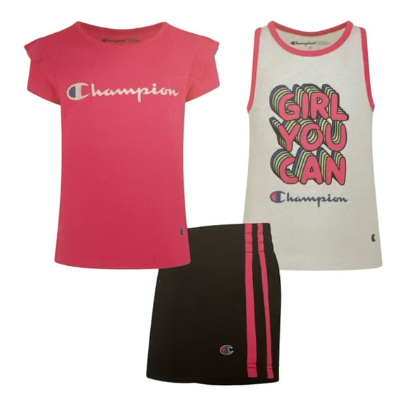 Champion Girl's 3 Piece Polyester Tee, Cotton Tank & Short Set (Knockout Pink/White/Black, 5)