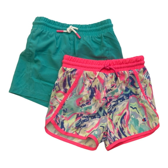 Champion Girls' 2 Pack Active Stretch Comfort Shorts (Pink Marble/Ocean Teal, 5/6)