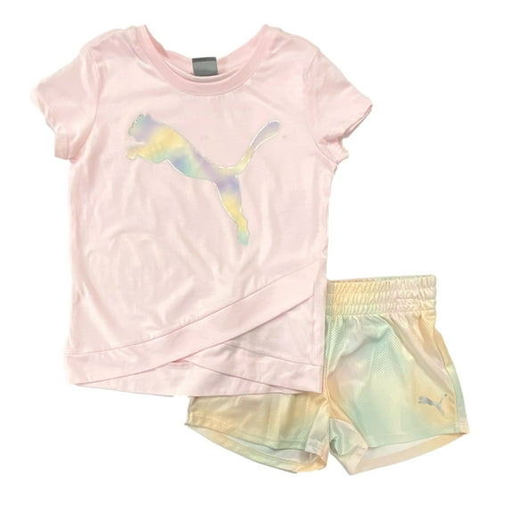 Puma Girls 2PC Outfit Pink T-Shirt Tee Shirt & Ombre Shorts Athletic Set S (7)