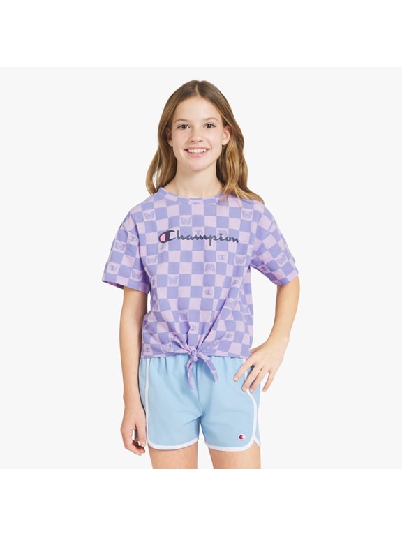Girls All-Over Print Tie-Front Graphic Tee - Pastel Lilac - Size Large