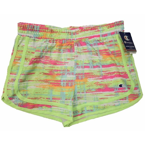Champion Girls' Woven Shorts - Florescent Green Bright Magenta Multicolor Brush Stroke - (Large)