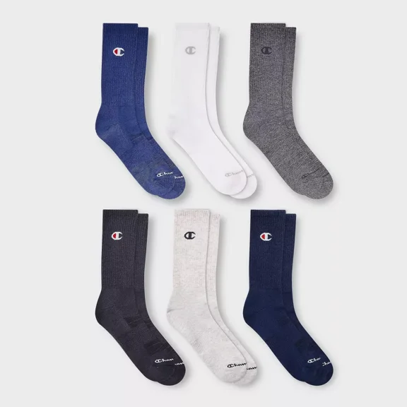 Champion Iconic Essentials Men's 6pk Cushion Crew Socks - Multicolor 6-12