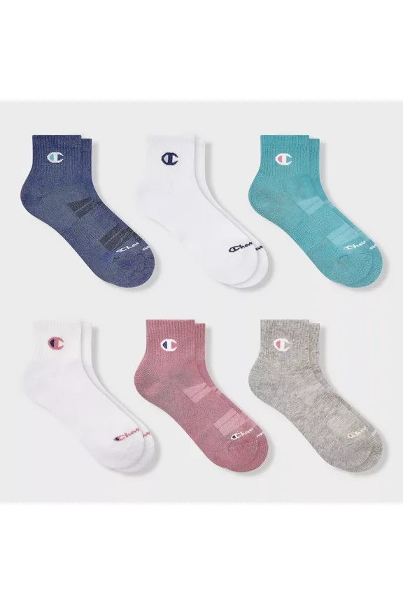 Iconic Essentials Women's 6pk Cushioned Quarter Crew Socks - Pink/Gray/White/Teal/Blue 4-10