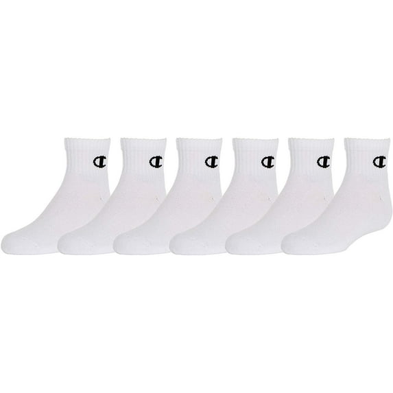 Champion Kids' Big 6-Pack Socks in Quarter or Low Cut, White, 7-9