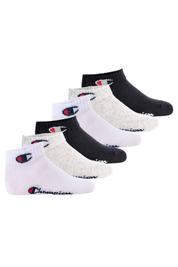Kids Socks, Pack Of 6 - Quarter, Logo, Single Colour Black/Grey/White 27-30