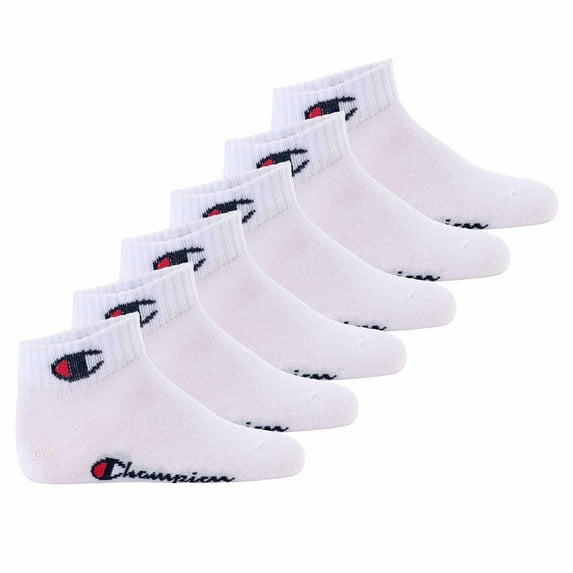 Champion Children's Socks, 6-Pack - Quarter, Logo, Solid Colour White 31-34