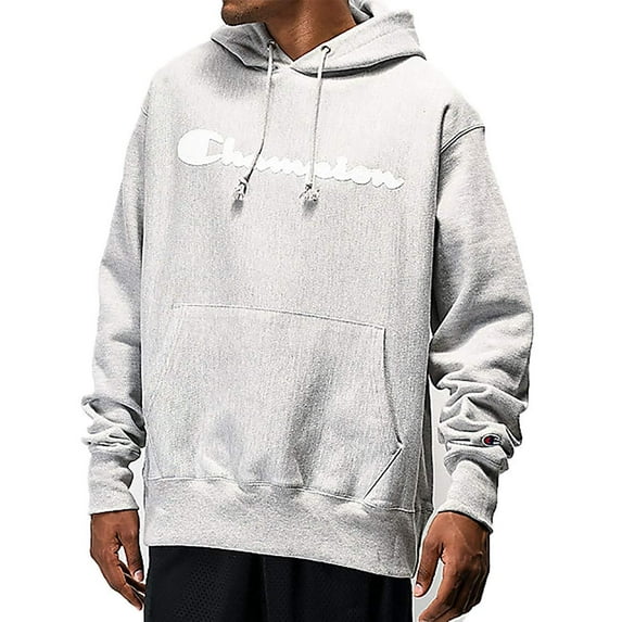 Champion LIFE Men's Reverse Weave Pullover Hoodie Oxford Grey - Mesh & Leather Script, X-Large