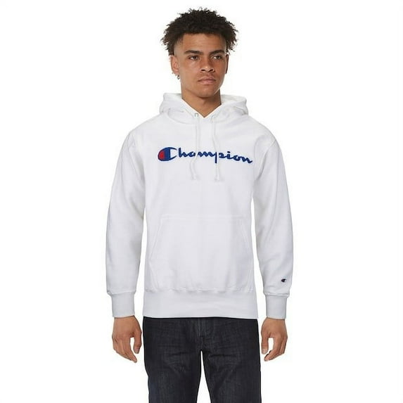 Champion LIFE Men's Reverse Weave Pullover Hoodie White - Chainstich Script, X-Large