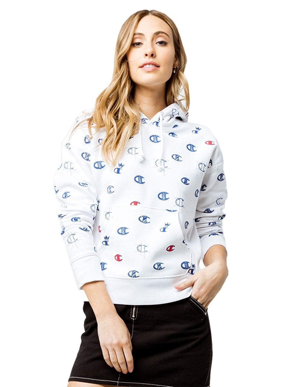 Champion LIFE Women s Reverse Weave Allover Print Hoodie White Tossed C Logos Small