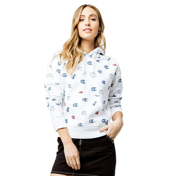Champion LIFE Women's Reverse Weave Allover Print Hoodie (White - Tossed C Logos, Small)