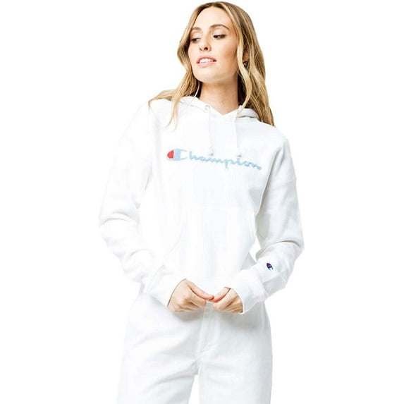 Champion Women's Reverse Weave Hoodie, Script Logo, White-Y07781, XX-Large