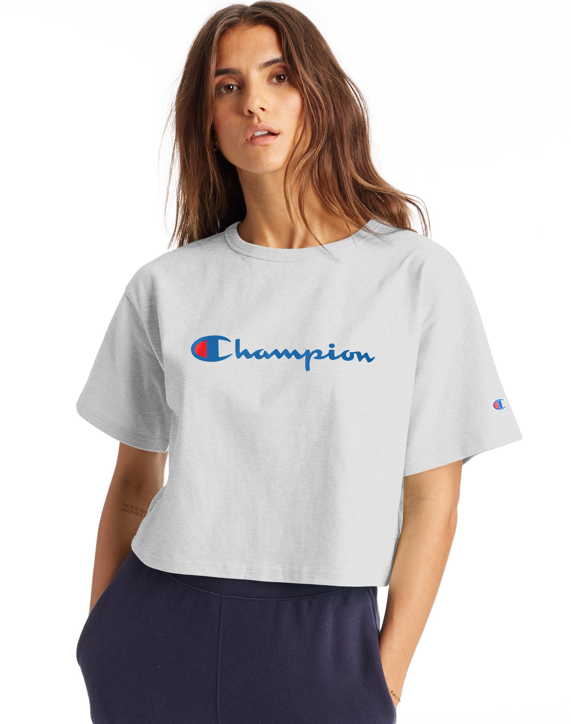 国内配送 CHAMPION Life Women's LOGO CROPPED TEE グレー Champion Life Womens Heritage Crop Tee, XS, Silver Grey