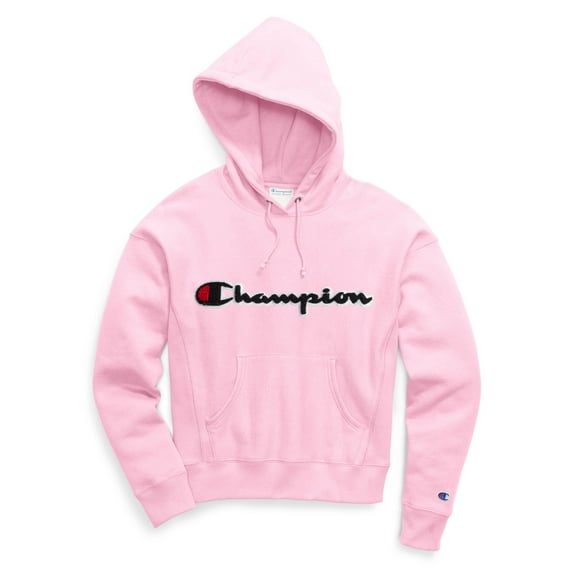 Champion Life Womens Reverse Weave Pullover Hoodie, L, Script Pink Candy