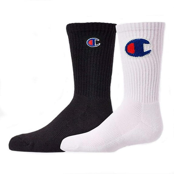 Champion Little & Big Boys 2-Pk. Logo Crew Socks Black/White Big C, 5Y-7Y