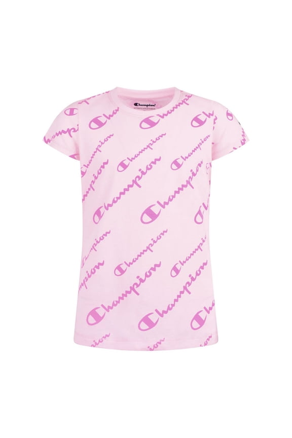 Little Girls Script All Over Print T-shirt,Pink Candy,4