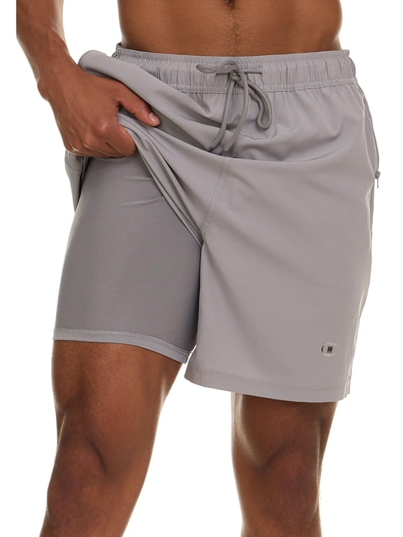 Men's 7" Swim Trunks, Board Shorts with Compression Liner, Grey