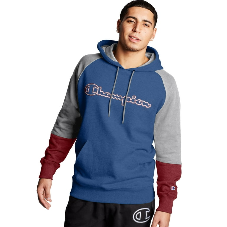 Champion Men s Athletics Powerblend Colorblock Hoodie Outline Logo Loyal Blue Oxford Grey Cherry Pie 2XL
