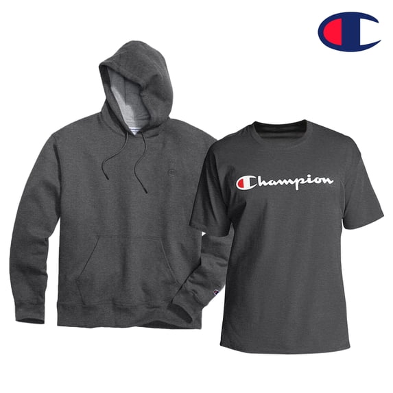 Champion Men's Big & Tall Pullover Fleece Hoodie (2XL) with Men’s Big & Tall Short Sleeve Script Tee Shirt (2X) Bundle Set (Charcoal Heather)