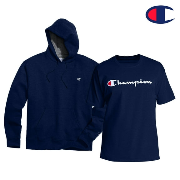 Champion Men's Big & Tall Pullover Fleece Hoodie (XLT) with Men’s Big & Tall Short Sleeve Script Tee Shirt (XLT) Bundle Set (Navy)