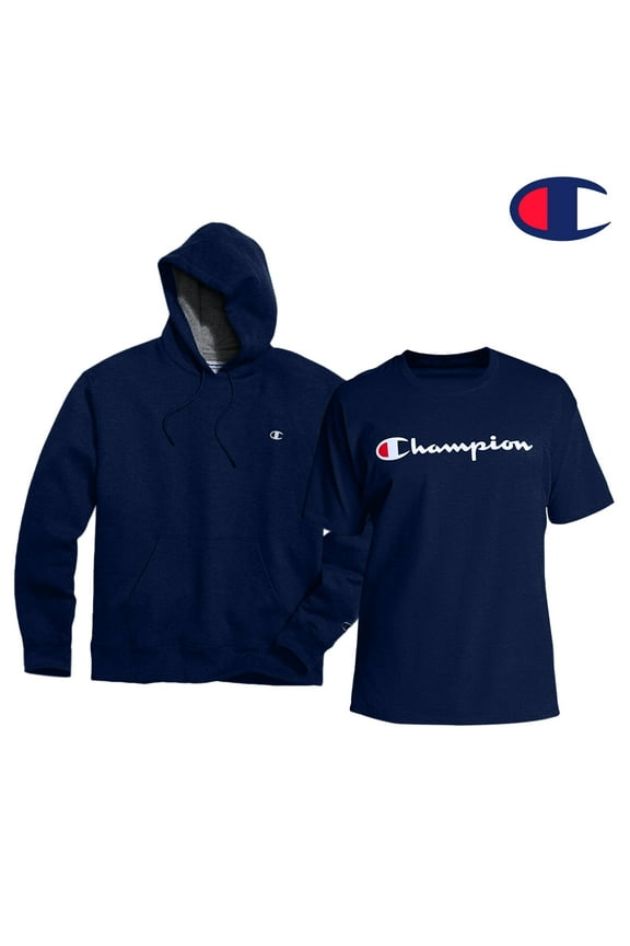 Men's Big & Tall Pullover Fleece Hoodie (XLT) with Men’s Big & Tall Short Sleeve Script Tee Shirt (XLT) Bundle Set (Navy)