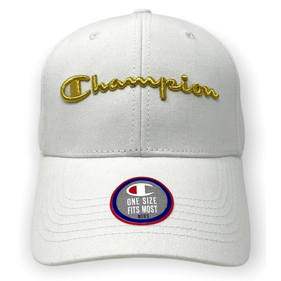 Champion Men's Classic Twill White With Gold Script Embroidery Logo Strapback Hat Cap