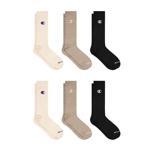 Champion Men’s Crew Socks 6 Pack – Flat Knit, Moisture-Wicking, Arch Support, Stretch Comfort, Sizes 6–12.5
