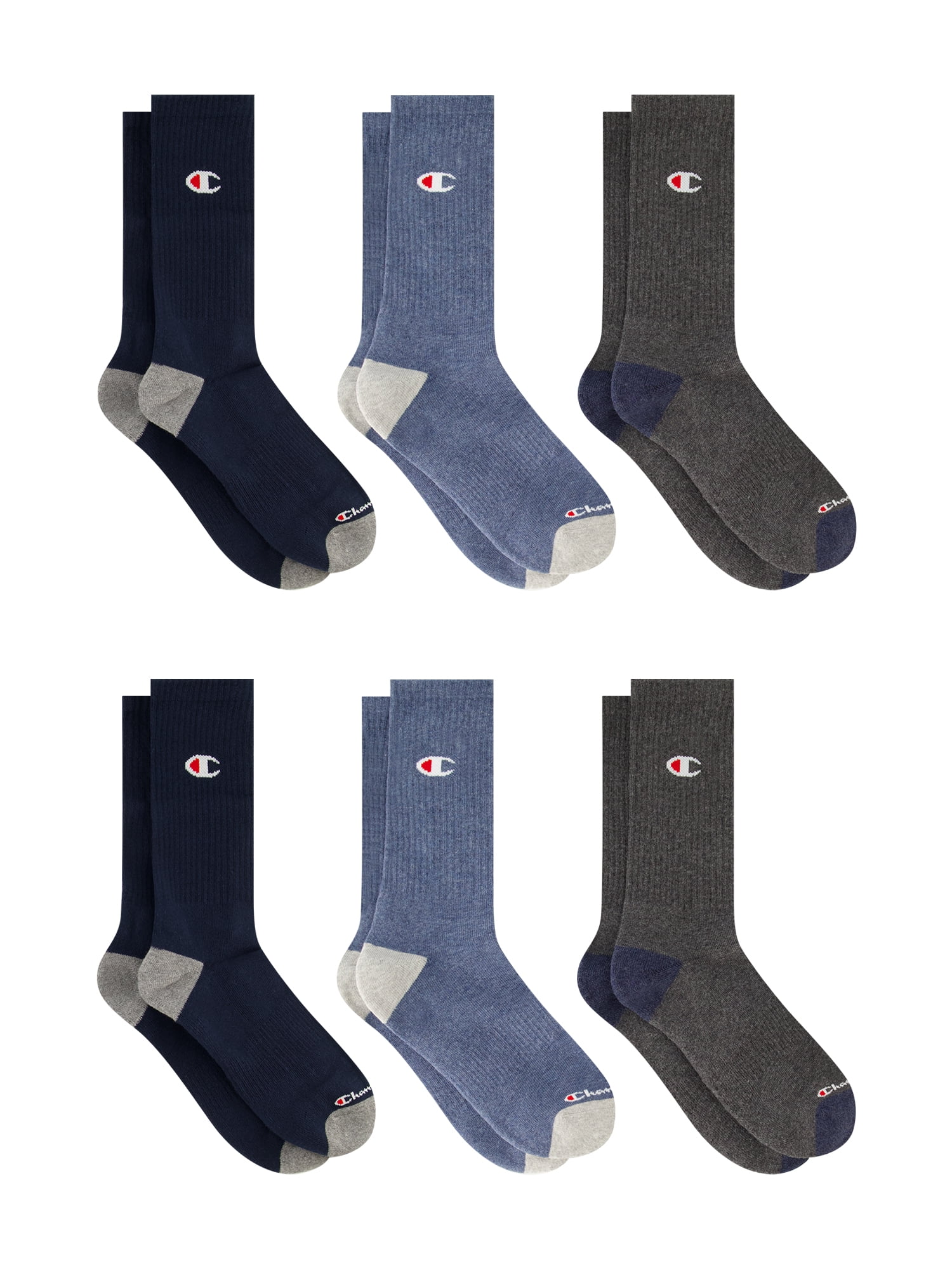 Champion Men’s Crew Socks 6 Pack – Half Terry Cushion, Moisture-Wicking, Arch Support, Stretch Comfort, Sizes 6–12.5