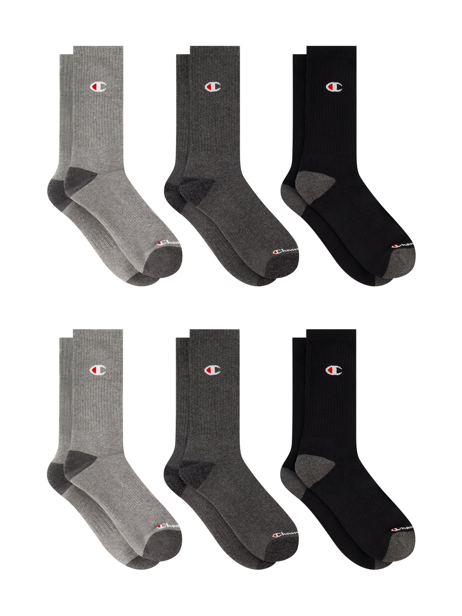 Champion Men’s Crew Socks 6 Pack – Half Terry Cushion, Moisture-Wicking, Arch Support, Stretch Comfort, Sizes 6–12.5